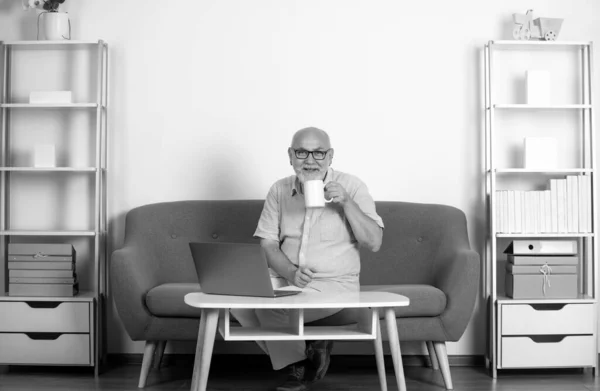 Elderly managing director with cup of tea. Mature caucasian man at home. Portrait of confident senior businessman in modern office. Senior social worker, psychologist