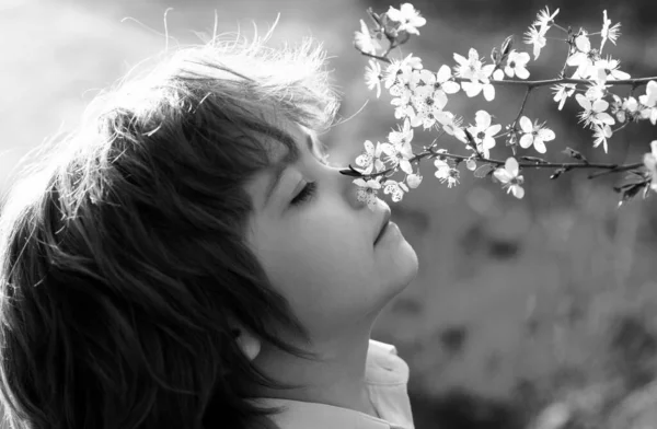 Szczęśliwego Dzieciństwa Wiosenny Dzieciak Kwitnącym Drzewem Słodkie Dziecko Ogrodzie Kwiat — Zdjęcie stockowe