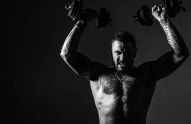 Dambılla egzersiz yapan kaslı adam. Sportif adam çalışıyor. Kaslı, çıplak erkek gövdesi. Güç ve motivasyon. Yakışıklı atletik iri kıyım. Güçlü vücut geliştirici, güçlü pazıları ve göğsü var.