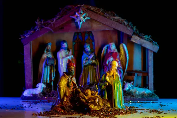 Religious Christmas Scene Baby Jesus Manger Joseph Mary Shepherd Bible — Stock Photo, Image