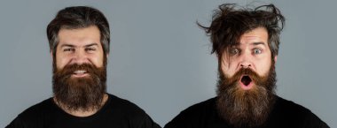 Berberden önce. Uzun sakal ve bıyık. Berber dükkanı konsepti. Berberler için portre. Traş, berber dükkanında kuaförlük. Sakal, önce ve sonra tıraş ol. Uzun sakal. Berber dükkanını ziyaret ediyorum. Berber sakalı