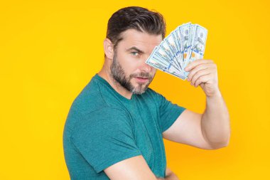 Adam sarı stüdyonun arka planına para koydu. Dolar banknotları olan zengin adamın portresi. Dolar banknotları olan başarılı bir adam. Zengin milyoner.