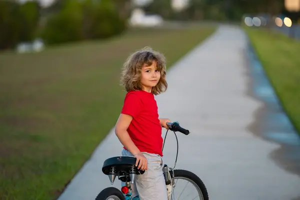 夏の公園で自転車に乗っている少年 子供は外のドライブウェイで自転車を運転する キッズライディングバイク 屋外の自転車に乗っている子供たち アメリカの近所のキッズバイク — ストック写真