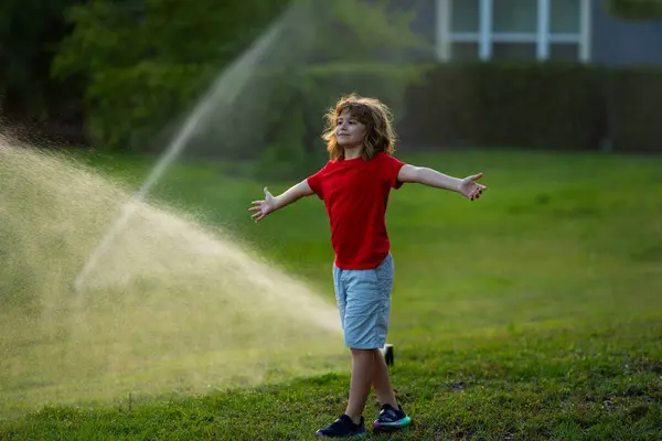 Kid Pelata Puutarhassa Lähellä Kastelu Kastelu Sprinklerijärjestelmä Kastelu Ruoho Automaattisella — kuvapankkivalokuva
