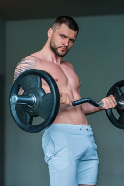 Muscular man lifting weights at gym. Handsome guy prepare to do exercises with dumbbell