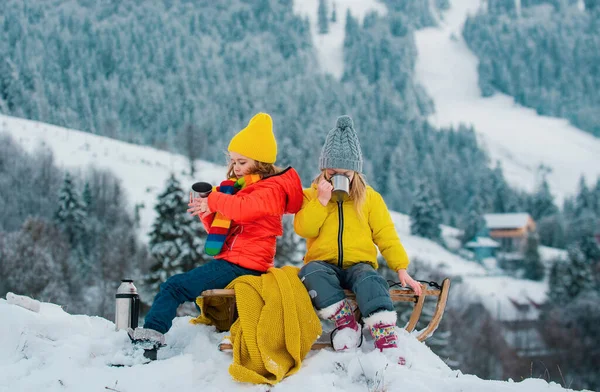 子供の男の子と女の子はそりに乗るのを楽しんでいます 子供たちは一緒にそり 冬には山の中で雪の中で屋外で遊ぶ兄弟 クリスマス休暇中の子供の弟と妹 — ストック写真