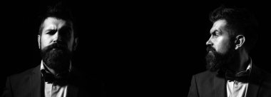 Klasik uzun sakallı sakallı sakallı eşcinsel. Berber, berber. Bıyıklı adamlar, yüz ve profil. Şablon web pankartı tasarımı. Metin kopyalama alanı olan web sayfası başlığı için yatay pankart