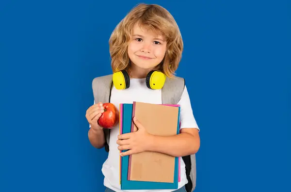 Portrait Pupil Student Hold Book Blue Isolated Studio Background School — Stock Photo, Image