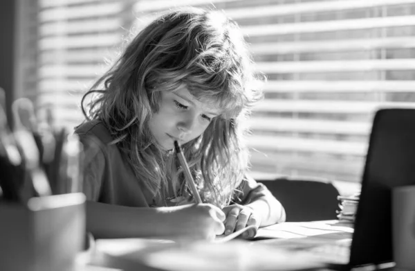 Child Writing School School Boy Making Notes Copybook Online Lesson —  Fotos de Stock
