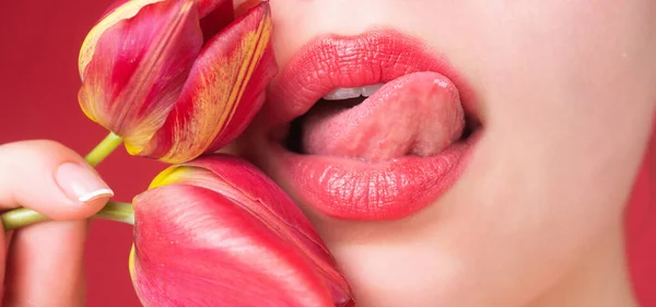 Sexy mouth. Sensual woman lips close up. Tender and seductive. Intimate fantasy. Cosmetic lipgloss. Macro lip. Sexual, passionate and temptation symbol. Erotica, provocative icon. Seductive tongue