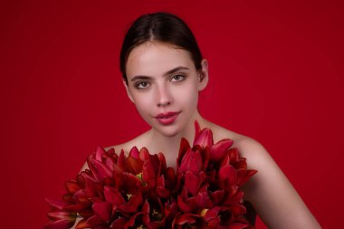 Bir buket lale. Lale buketli güzel esmer kız. Güzel şehvetli kadın lale tut, kırmızı arka planda stüdyo portresi