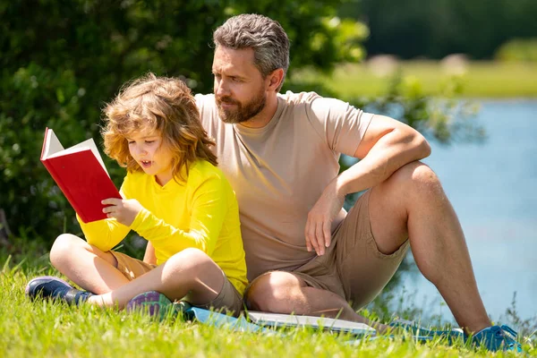 Father His Son Reading Book Together Summer Park Father Son — Stock Photo, Image
