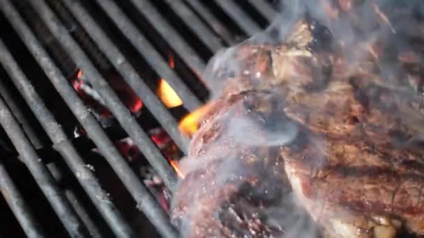 煙の炎で鉄のグリルに火の炭をステーキ グリルのバーベキュー肉 バーベキューグリルで炭火を燃やして肉ステーキを焙煎 ミートグリル バーベキューミートグリル ローストビーフステーキ — ストック動画