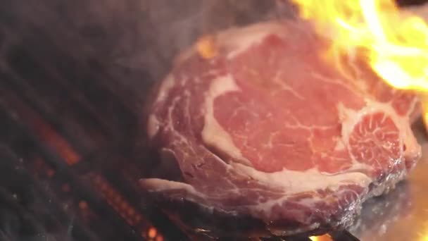 Grilované Maso Grilu Ohněm Pečené Maso Grilované Ohněm Hovězí Steak — Stock video