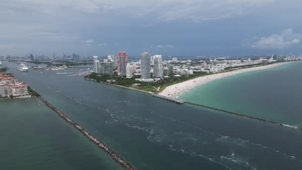Luftaufnahme Vom Strand Miami Beach Das Paradies South Pointe Park — Stockvideo