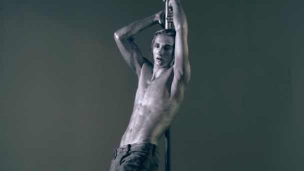 Strip Dancer Fit Slim Muscular Man Pole Dance Pole Dancer — Stock Video