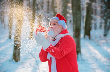 Noel Baba karlı ormanda. Mutlu Noeller ve yeni yıl arifesi konsepti