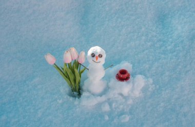 Kahve ve bahar çiçeği laleli kardan adam. Güneşli kış gününde gülümseyen kardan adam