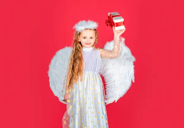 Παιδί Άγγελος Κοριτσάκι Δώρο Δώρο Πορτρέτο Στούντιο Μικρός Άγγελος Ευτυχισμένη — Φωτογραφία Αρχείου