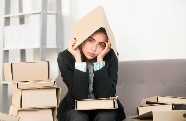 Sad Busy Secretary Folder Head Stressed Overworked Business Woman Too — Stock Photo, Image
