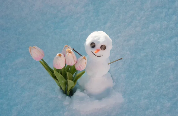 Sneeuwman Met Lentebloemen Tulpen Grappige Sneeuwpop Besneeuwd Veld Ochtend Voor — Stockfoto