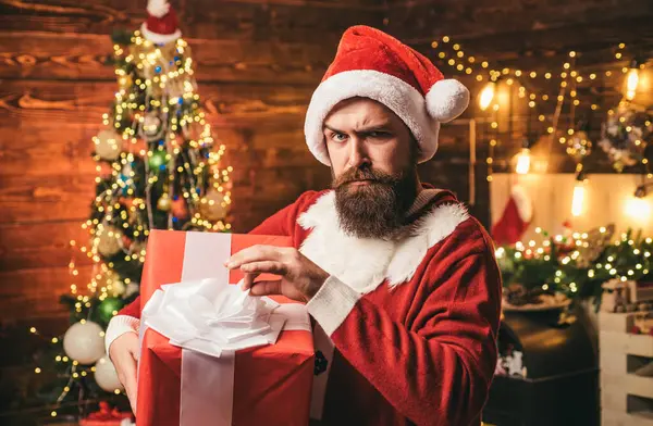 Santa Man Holding Gift Merry Christmas Happy Holidays Christmas Santa — Stock Photo, Image