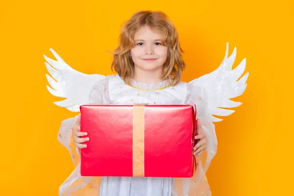 Cute Blonde Kid Angel Gift Box Present Child Angel Costume — Stock Photo, Image