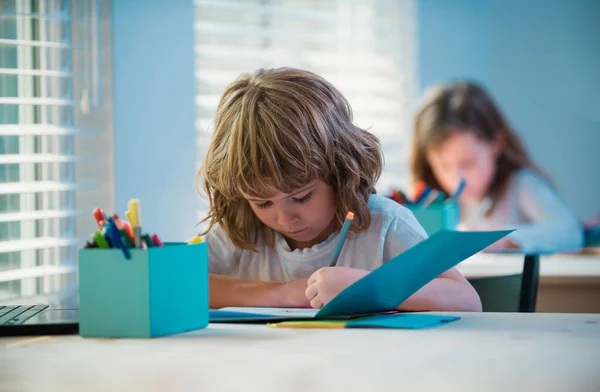 School Kid Writing Something Copybook Sitting Table Classroom Portrait Child — Stock Photo, Image