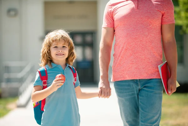 American Father Son Walking Trough School Park Kid Elementary Student — Stock Photo, Image