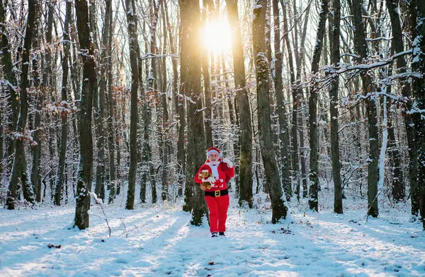 Kersttijd Met Sneeuw Santa Grootvader Bezorgt Geschenken Kerstman Kerstpakken Besneeuwde — Stockfoto