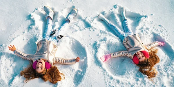 Winter Angels Happy Kids Girls Make Snow Angel Wings Two — Stock Photo, Image