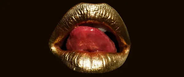 Gold Mouth Imprint Lips Luxury Gold Lips Lipstick Sexy Sensual — ストック写真