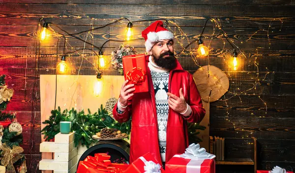 Happy New Year Santa Claus Gifting Gift Hipster Santa Claus — Stock Photo, Image