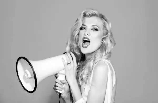 Young Beautiful Woman Screaming Megaphone Isolated Background Studio Portrait Shout — Stock Photo, Image
