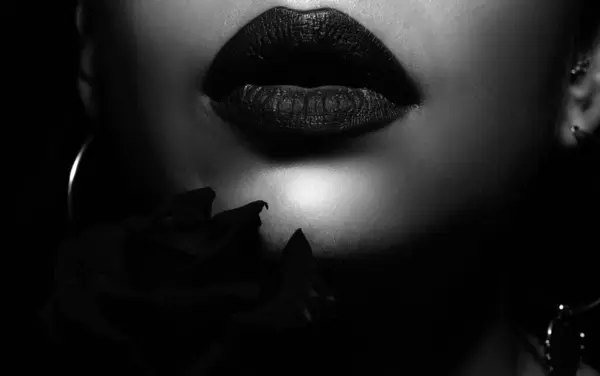 Lips woman mouth closeup. Beautiful woman lips with rose