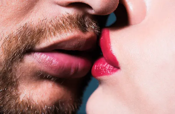 Sensual couple kissing lips. Young lovers kiss
