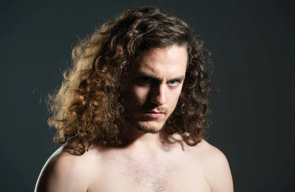 Portrait Sexy Handsome Guy Curly Hair Macho Brutal Guy Long — Stock Photo, Image