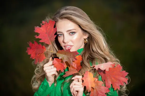 Mooi Meisje Buiten Herfst Herfst Jonge Vrouw Verzamelt Gele Herfstbladeren — Stockfoto