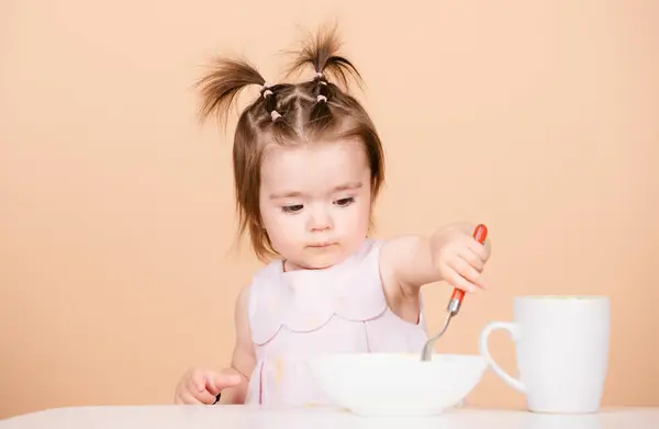 Cute Baby Food Babies Eating Portrait Cute Caucasian Child Kid — Stockfoto