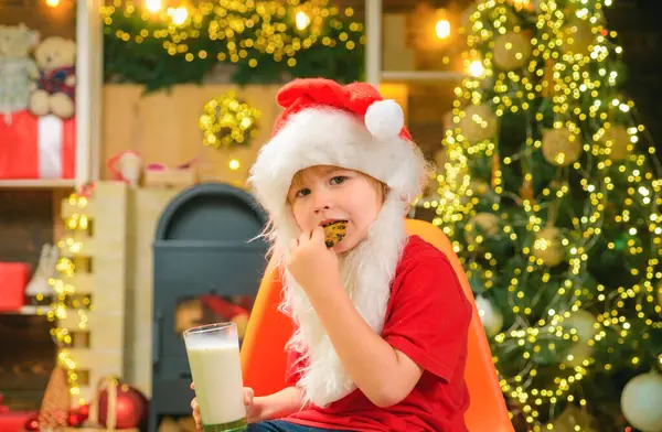 Santa Boy Child Eating Cookies Drinking Milk Santa Boy Santa — Stock Photo, Image