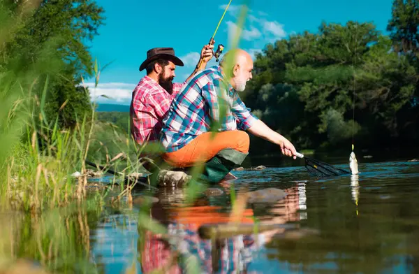 Fishing Skills Two Male Friends Dressed Shirts Fishing Together Net — Stock Photo, Image