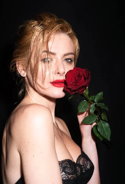 Beautiful Woman Rose Flower Pink Lips Rose Beauty Girl Sensual — Stock Photo, Image