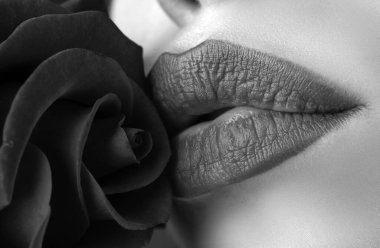 Dudakları kırmızı rujla yakın plan. Gül dudaklı güzel kadın dudakları. Mükemmel bir cilt, seksi dudak makyajı. Güzel bir spa portresi ve yumuşak kırmızı bir gül çiçeği.