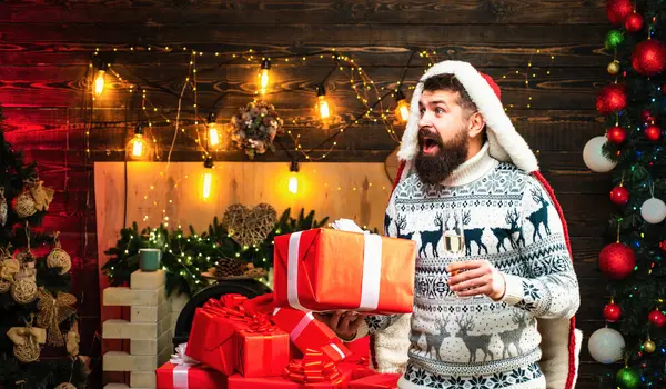 Christmas Man Santa Hat Santa Claus Wishes Merry Christmas New — Stock Photo, Image