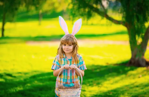 Niño Con Traje Conejo Con Orejas Conejo Cazando Huevos Pascua —  Fotos de Stock