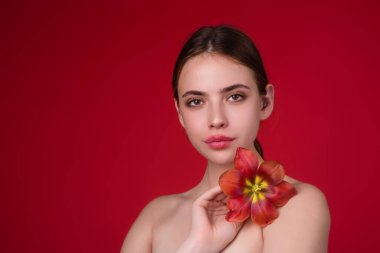 Gençlik ve cilt bakımı konsepti. Laleli güzel kız. Güzel şehvetli kadın laleleri tut, kırmızı arka planda stüdyo portresi.