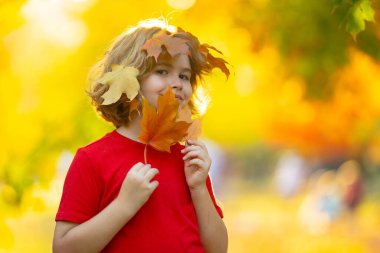 Sonbaharda Childs 'ın oyun zamanı. Sonbahar Harikaları. Parktaki çocukluk sevinci. Heyecanlı çocuk parkta sonbaharın tadını çıkarıyor. Sonbahar yaprakları. Parktaki çocuk. Doğalı Çocuk