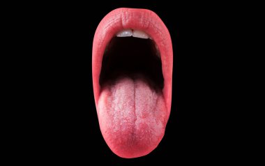 Sanat kırmızısı dudaklar. Dilini çıkar. Cazibeli dudak konsepti. Ağız simgesi