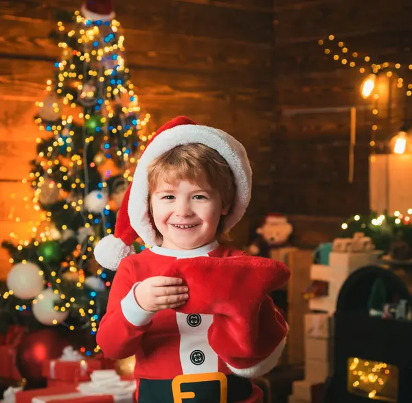Childhood Moments Child Cheerful Face Got Gift Christmas Sock Check — Stock Photo, Image