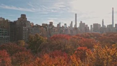 İHA 'dan Central Park görüntüsü. Sonbaharda New York City Manhattan Central Park Havalimanı panoraması. Central Park 'ta sonbahar. Manhattan NYC 'de. Central Park Yaprakların Sonbahar Renkleri